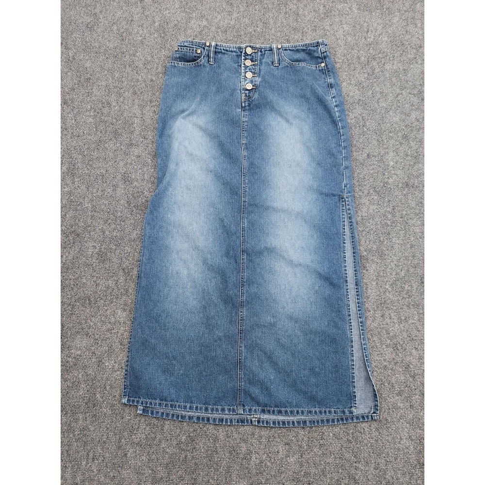 Squeeze Stephen Hardy Skirt Womens 7/8 Blue Denim Long Maxi Button Fly Side Slit